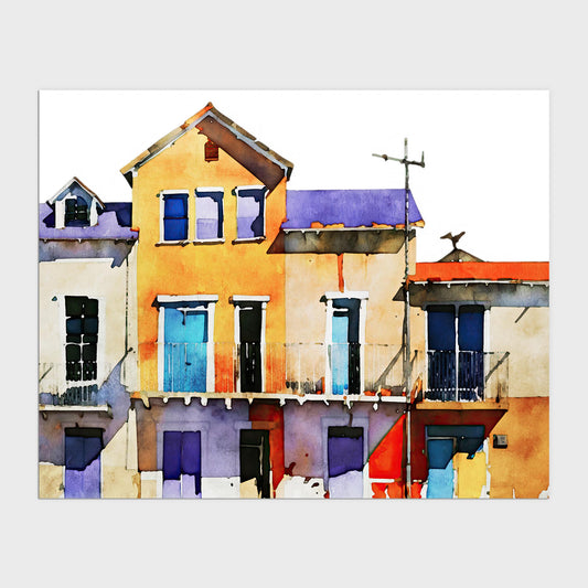 Watercolor-style painting of colorful buildings with vibrant facades in shades of yellow, blue, purple, and red, featuring balconies and windows.