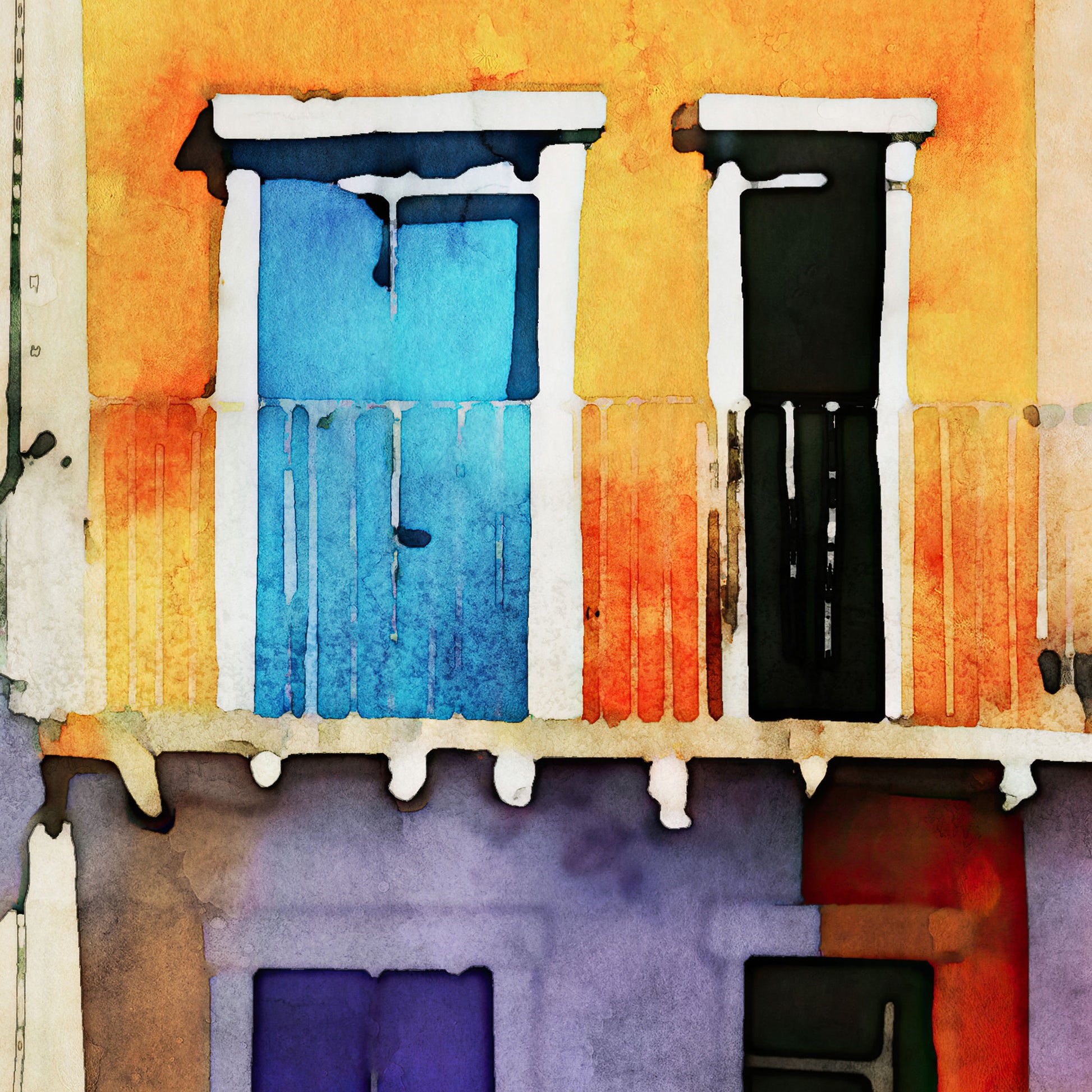 Close-up of a watercolor painting showing a blue and a black balcony door on a vibrant yellow facade with textured details.