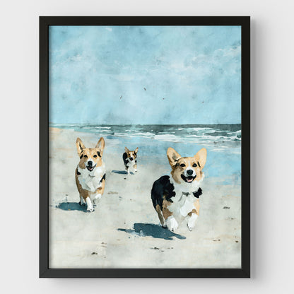 Corgis at the Beach Watercolor Print