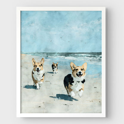 Corgis at the Beach Watercolor Print