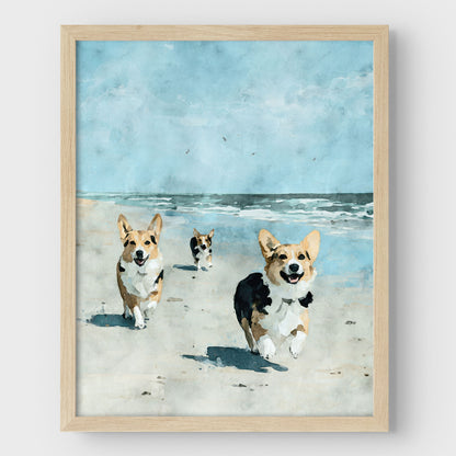 Corgis at the Beach Watercolor Print