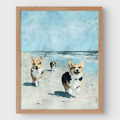 Corgis at the Beach Watercolor Print