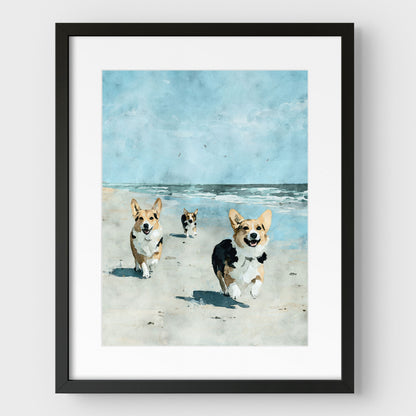 Corgis at the Beach Watercolor Print
