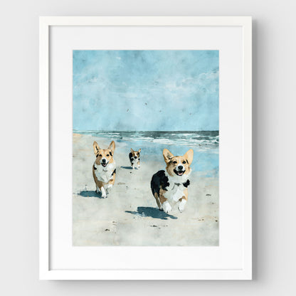Corgis at the Beach Watercolor Print