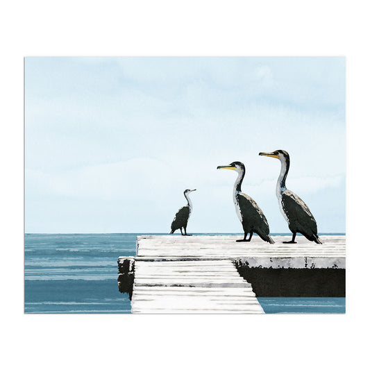 Watercolor-style illustration of three cormorants standing on a white wooden pier overlooking calm blue water under a pale sky. The birds face various directions, creating a peaceful, coastal atmosphere.