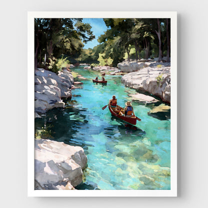 Canoes on a Creek Watercolor Landscape Art Print