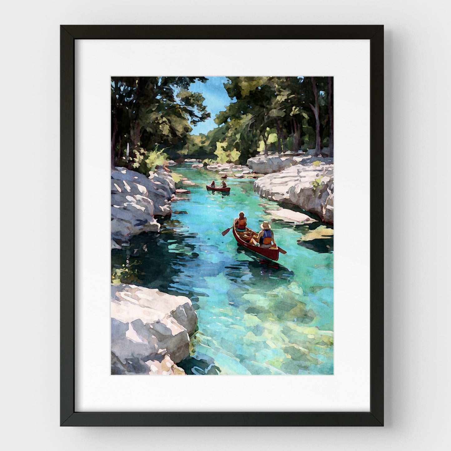 Canoes on a Creek Watercolor Landscape Art Print