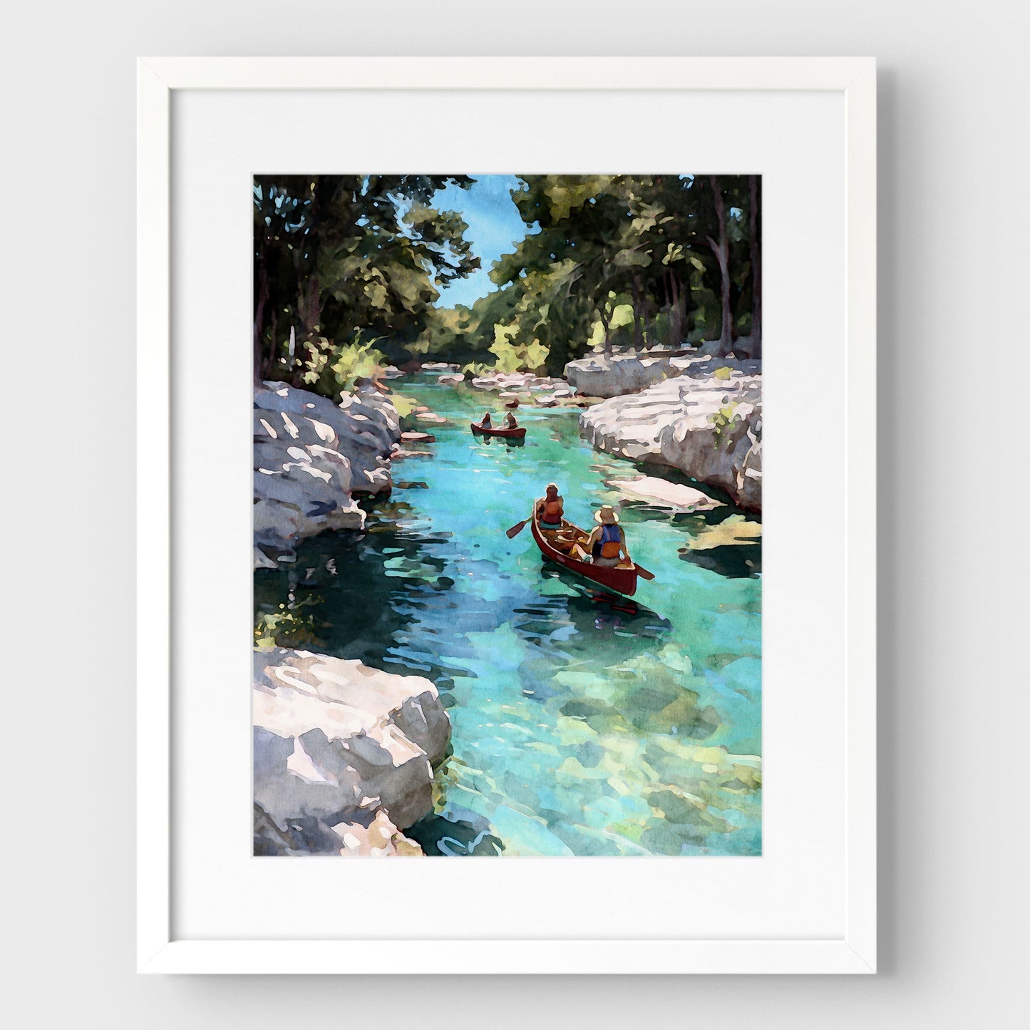 Canoes on a Creek Watercolor Landscape Art Print
