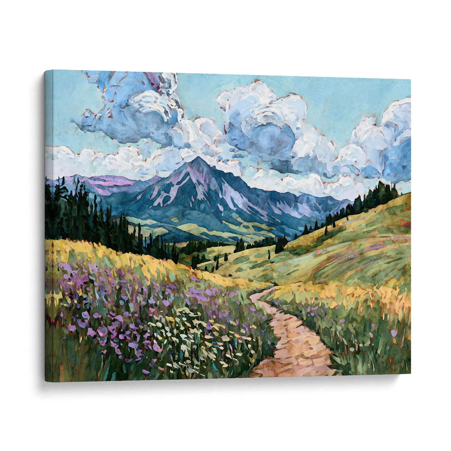 Painting of a mountain landscape with a path and flowers under a blue sky with clouds.