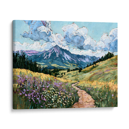 Painting of a mountain landscape with a path and flowers under a blue sky with clouds.