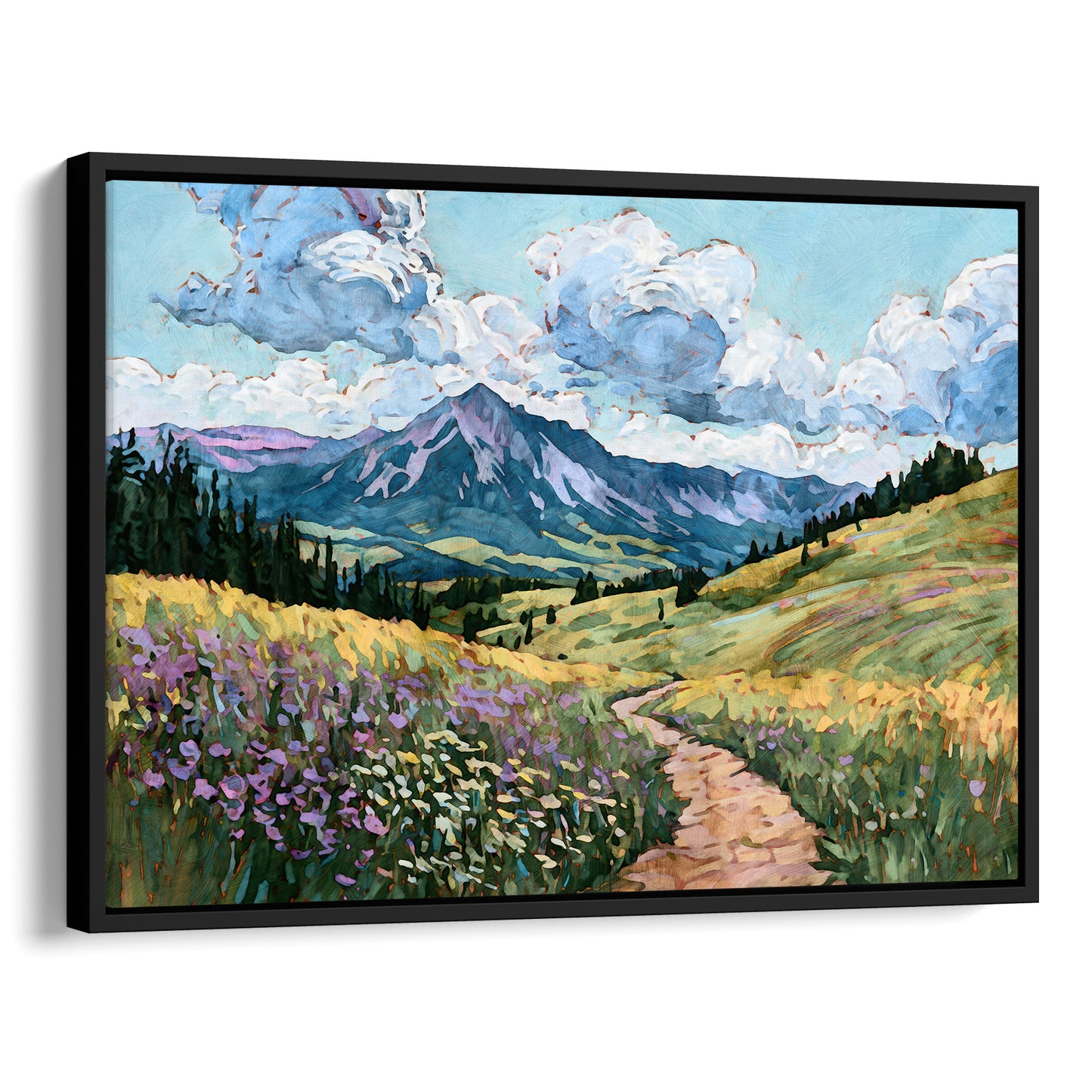 Framed painting of a mountain landscape with a path and flowers