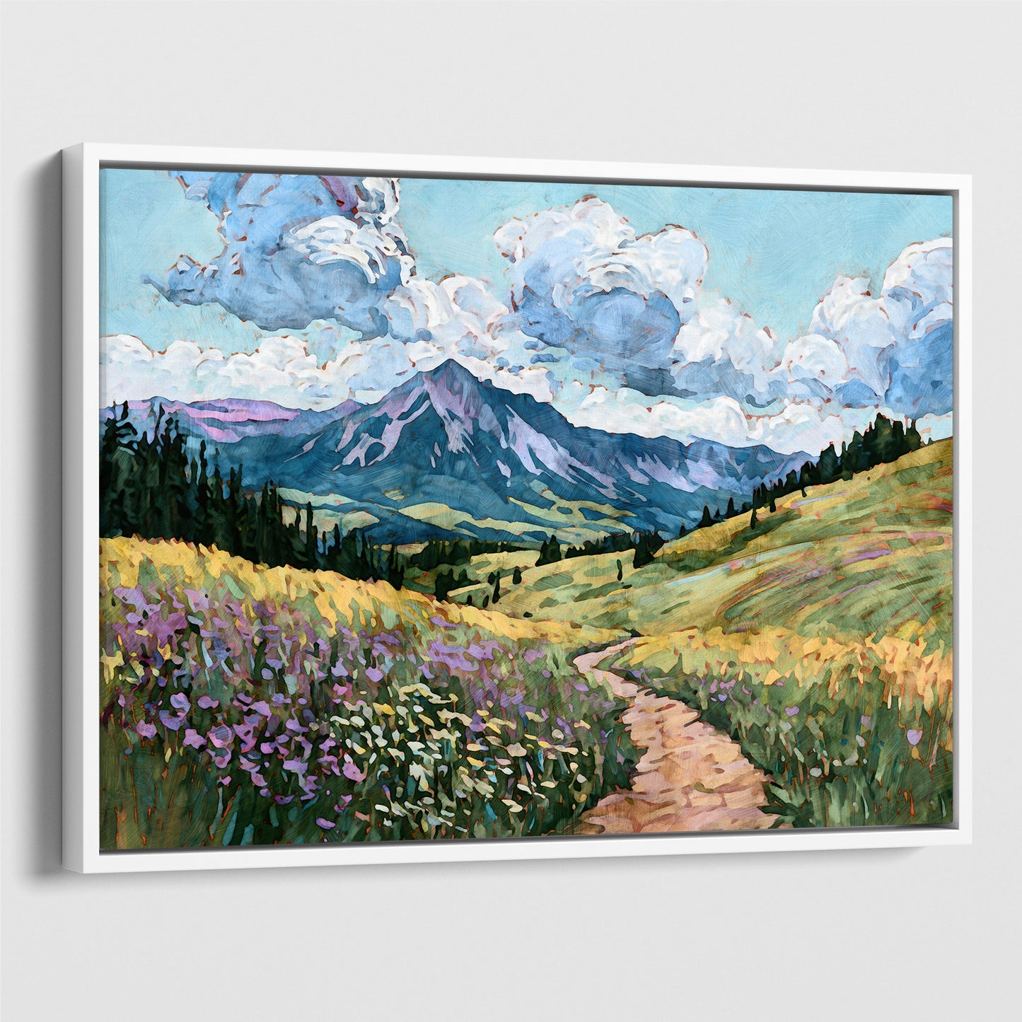 Framed painting of a mountain landscape with a path and flowers.