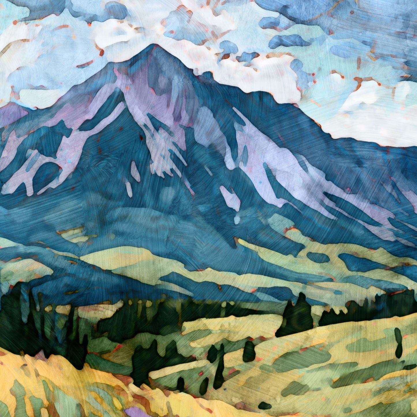 Artistic depiction of a mountain landscape with blue and green tones.