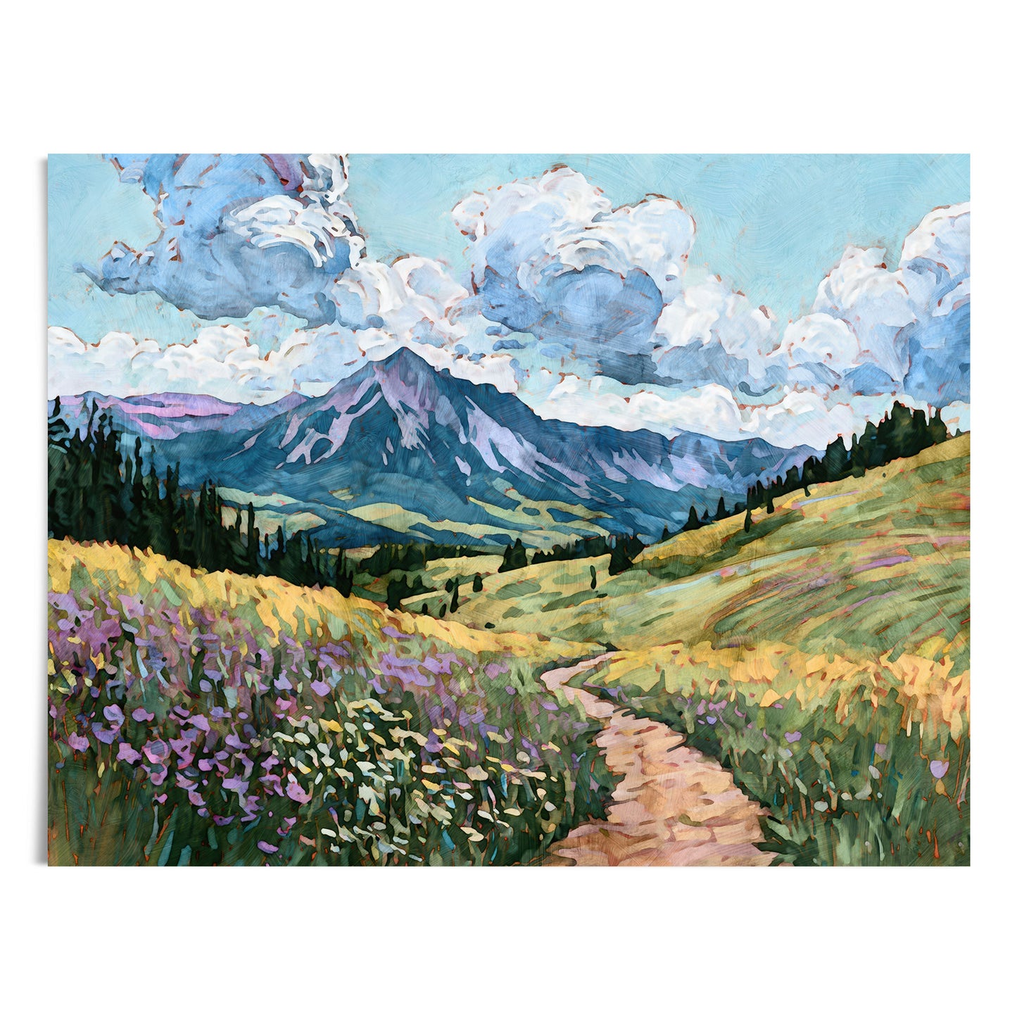 Painting of a mountain landscape with a path and flowers