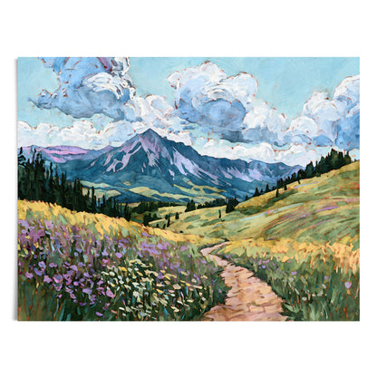 Painting of a mountain landscape with a path and flowers