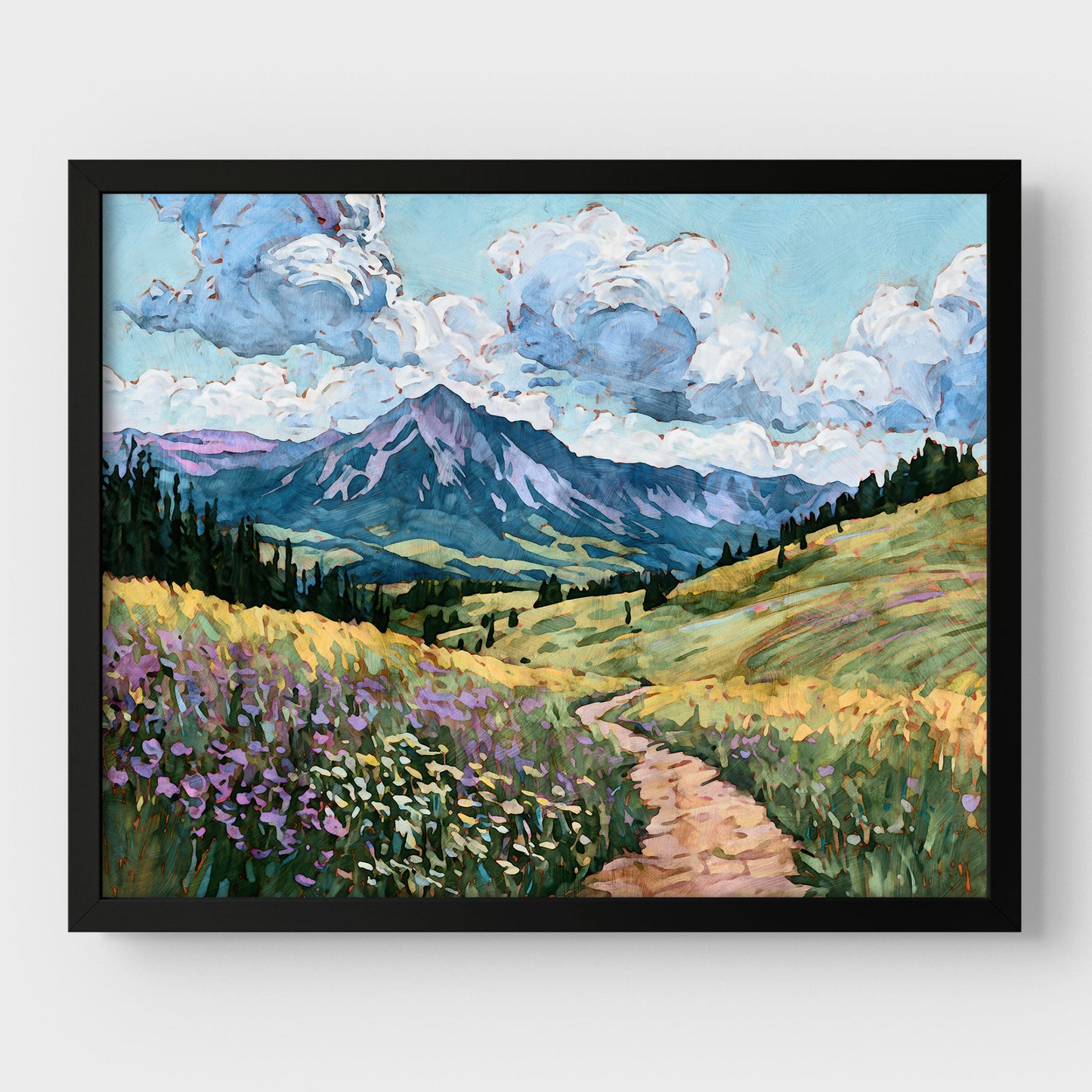 Framed painting of a mountain landscape with a path and flowers.