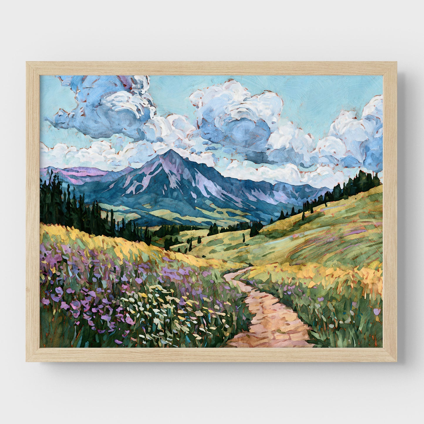 Framed painting of a mountain landscape with a path and flowers.