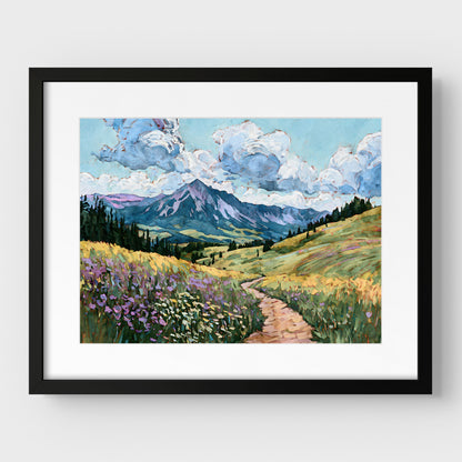 Framed painting of a mountain landscape with a path and flowers.