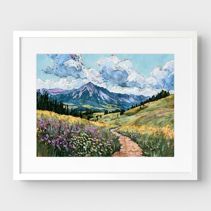 Framed painting of a mountain landscape with a path and flowers.