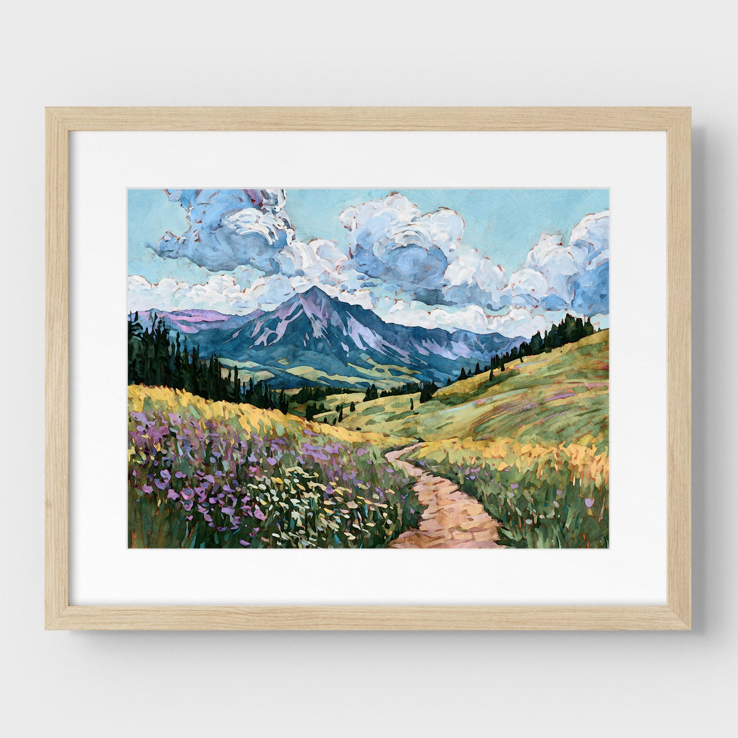 Framed painting of a mountain landscape with a path and flowers.