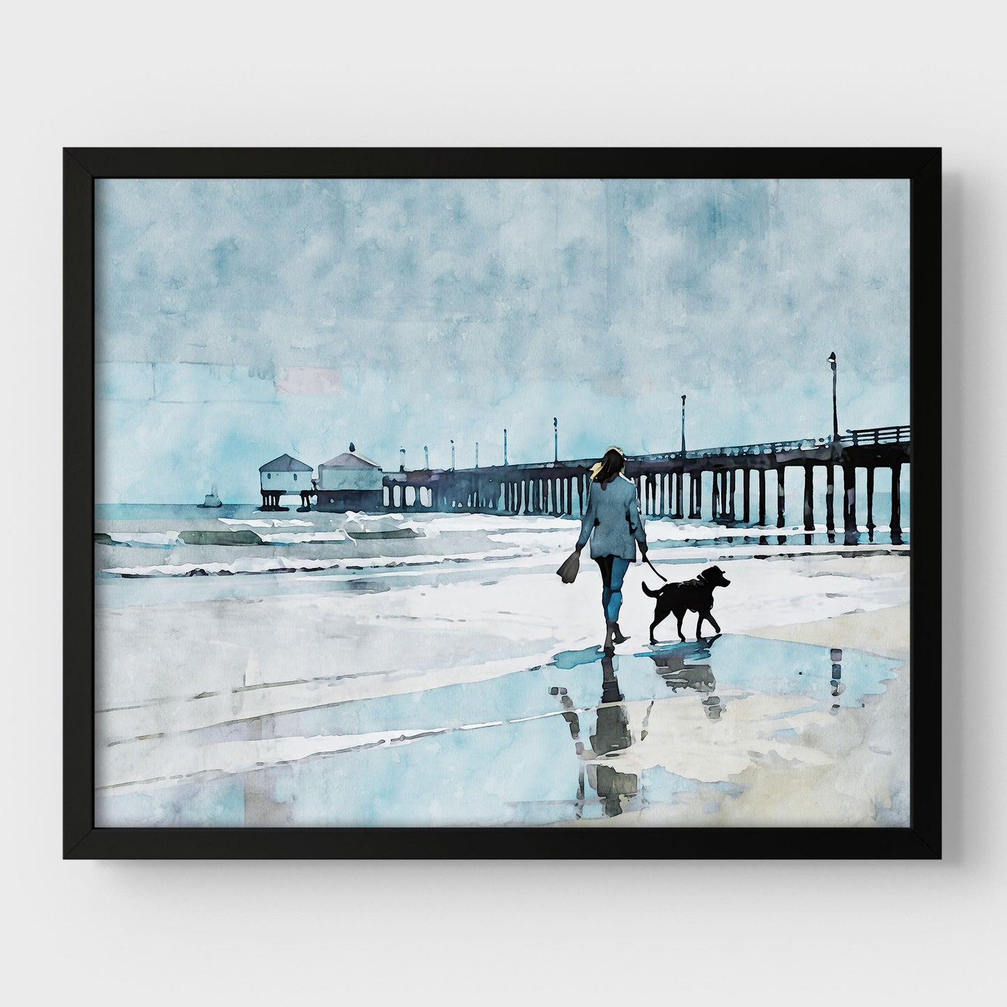 Woman Walking Dog by the Pier Print