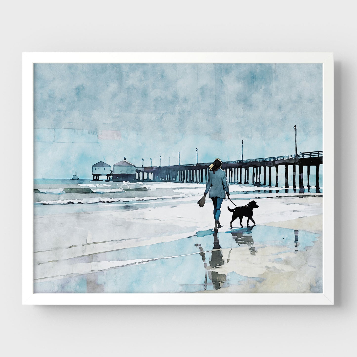 Woman Walking Dog by the Pier Print