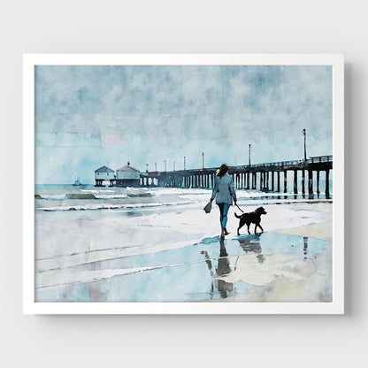 Woman Walking Dog by the Pier Print