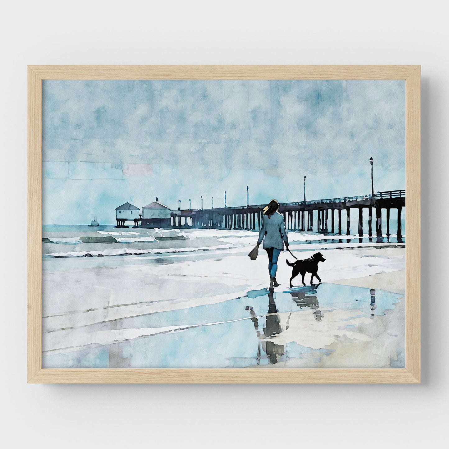 Woman Walking Dog by the Pier Print