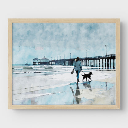 Woman Walking Dog by the Pier Print