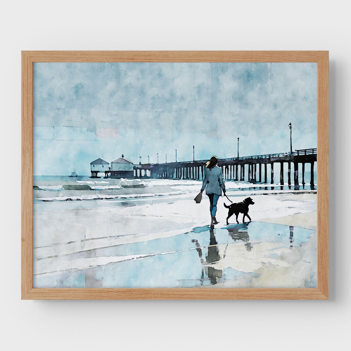 Woman Walking Dog by the Pier Print