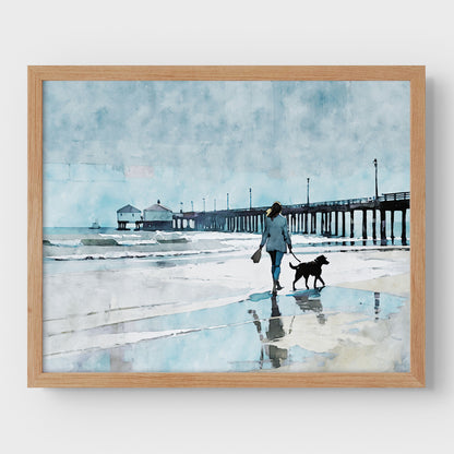 Woman Walking Dog by the Pier Print