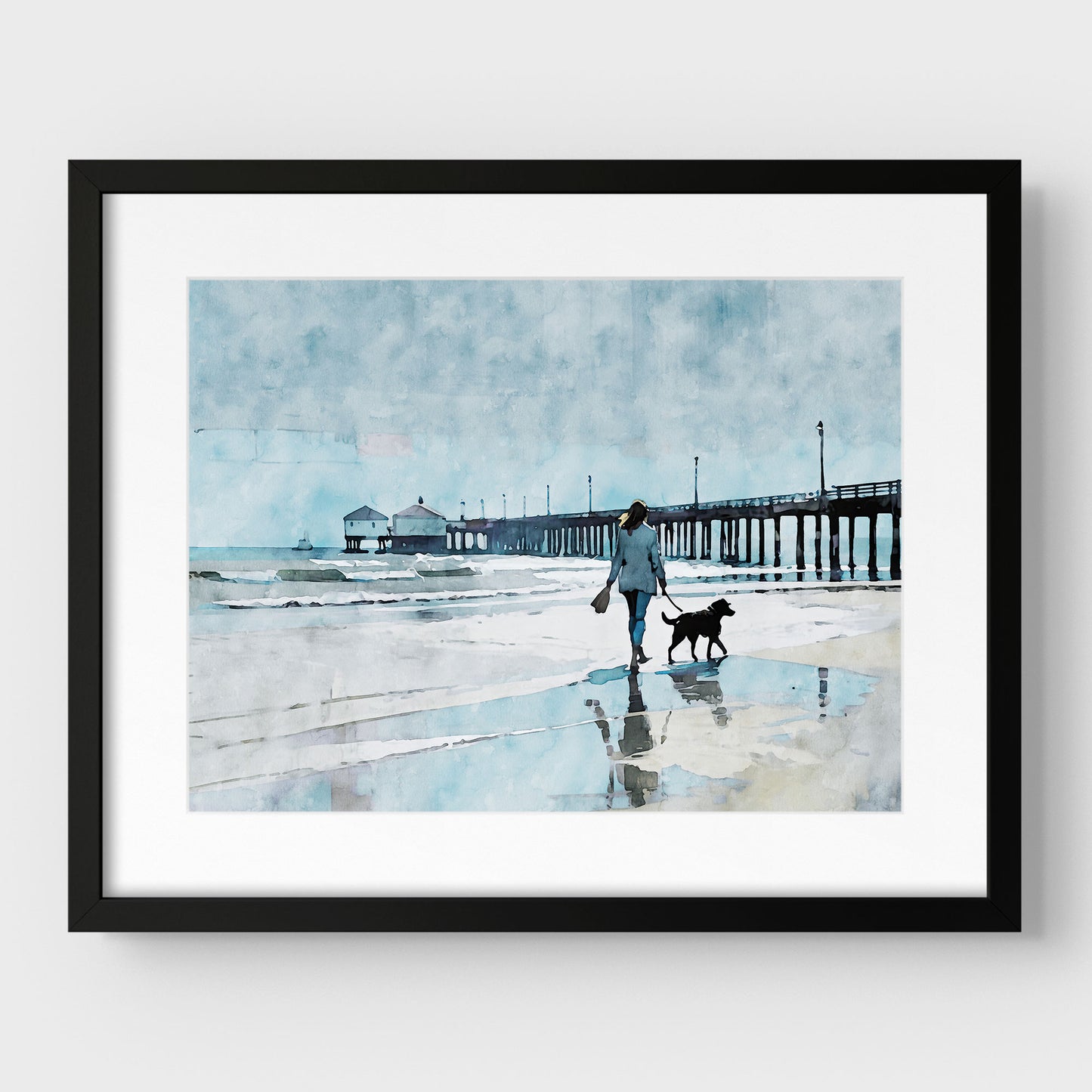 Woman Walking Dog by the Pier Print