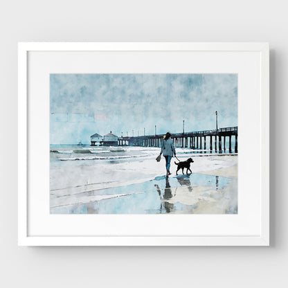 Woman Walking Dog by the Pier Print