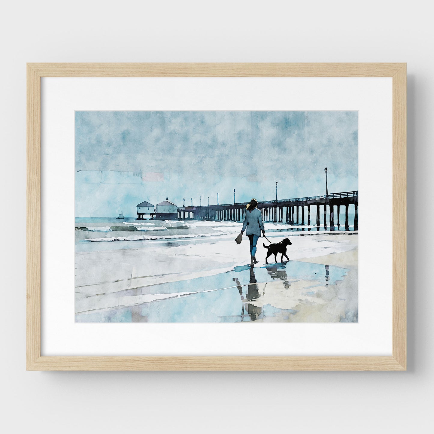 Woman Walking Dog by the Pier Print