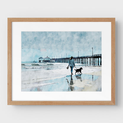 Woman Walking Dog by the Pier Print