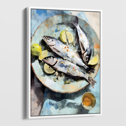 White framed canvas artwork featuring a watercolor-style depiction of three fresh fish on a textured blue plate, garnished with lemon wedges and accompanied by limes and a small dish.