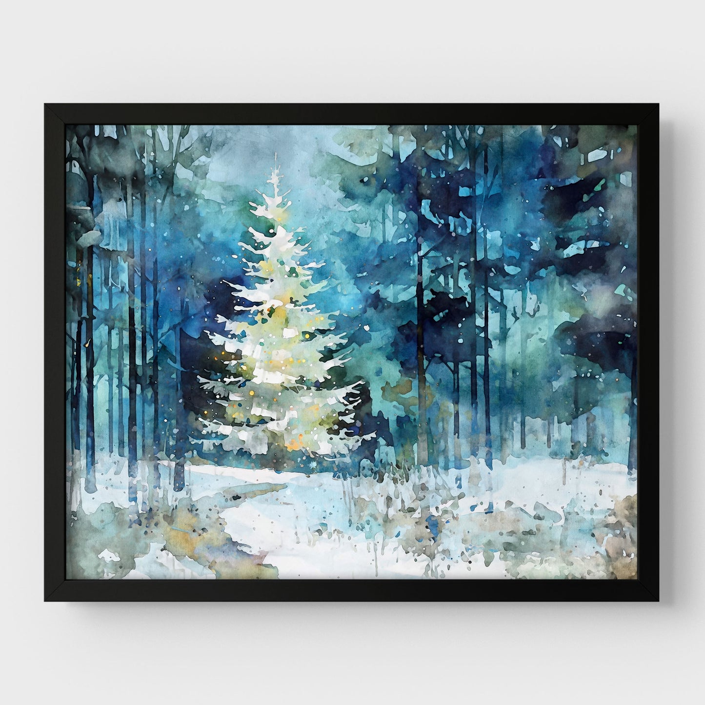 Glowing Christmas Tree Winter Forest Watercolor Art Print
