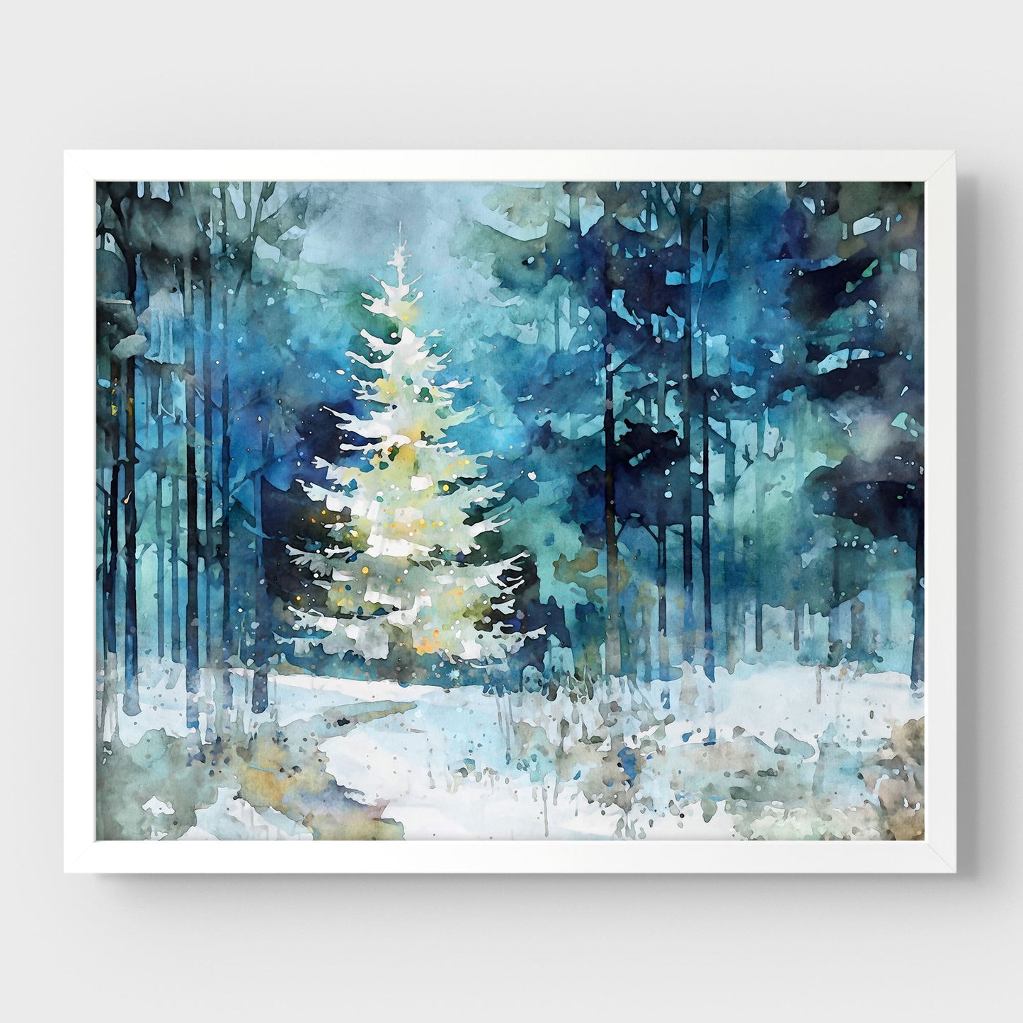 Glowing Christmas Tree Winter Forest Watercolor Art Print
