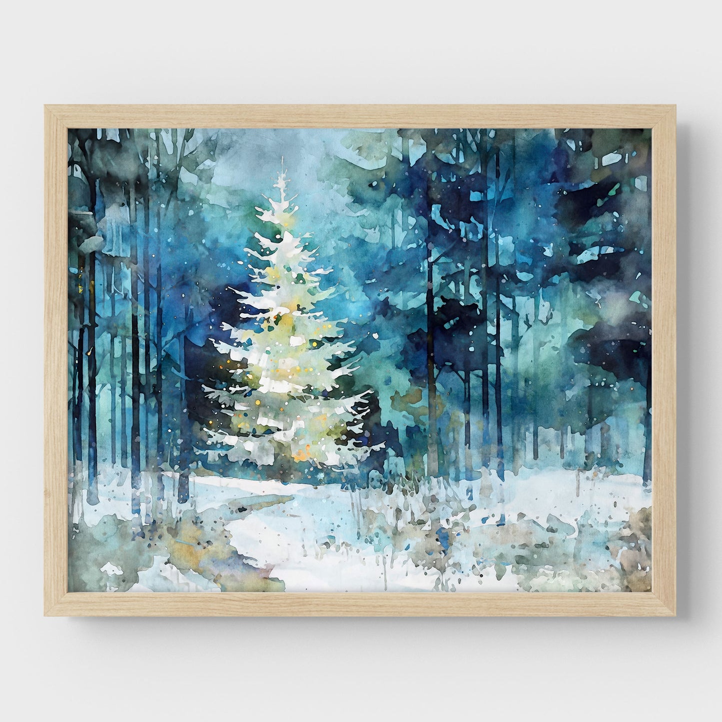 Glowing Christmas Tree Winter Forest Watercolor Art Print