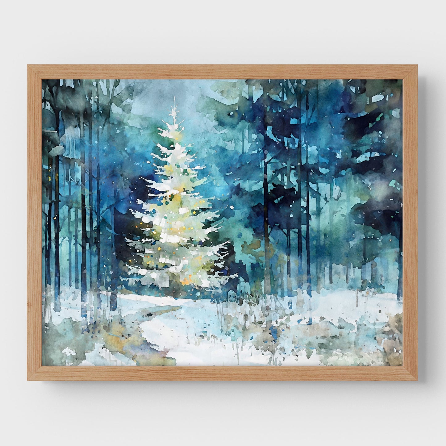 Glowing Christmas Tree Winter Forest Watercolor Art Print