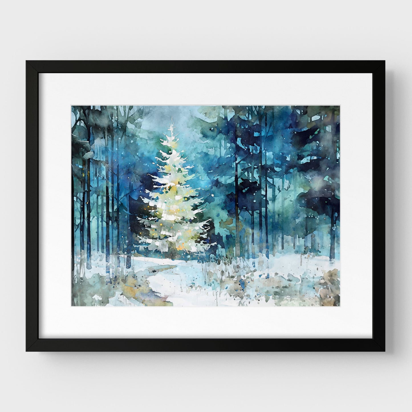 Glowing Christmas Tree Winter Forest Watercolor Art Print