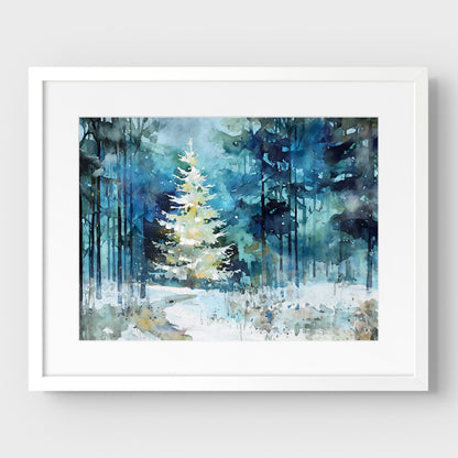 Glowing Christmas Tree Winter Forest Watercolor Art Print