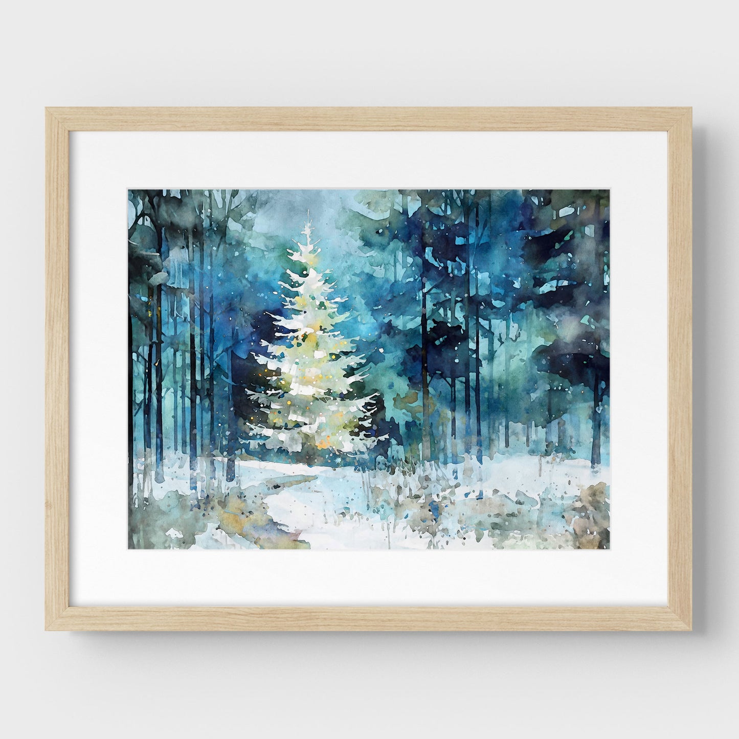 Glowing Christmas Tree Winter Forest Watercolor Art Print