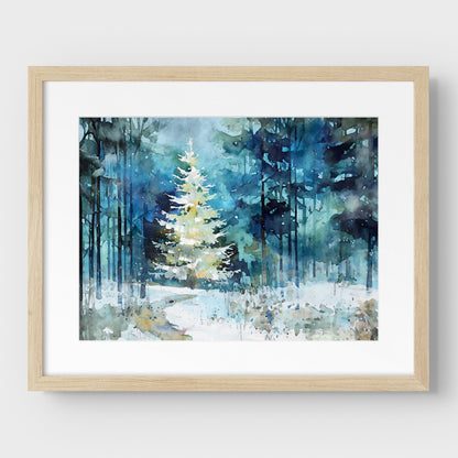 Glowing Christmas Tree Winter Forest Watercolor Art Print