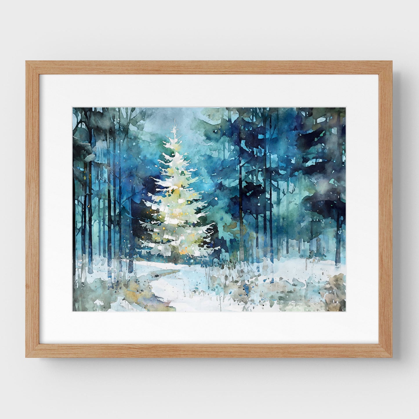Glowing Christmas Tree Winter Forest Watercolor Art Print