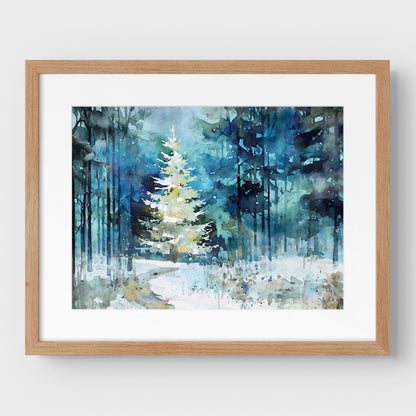 Glowing Christmas Tree Winter Forest Watercolor Art Print
