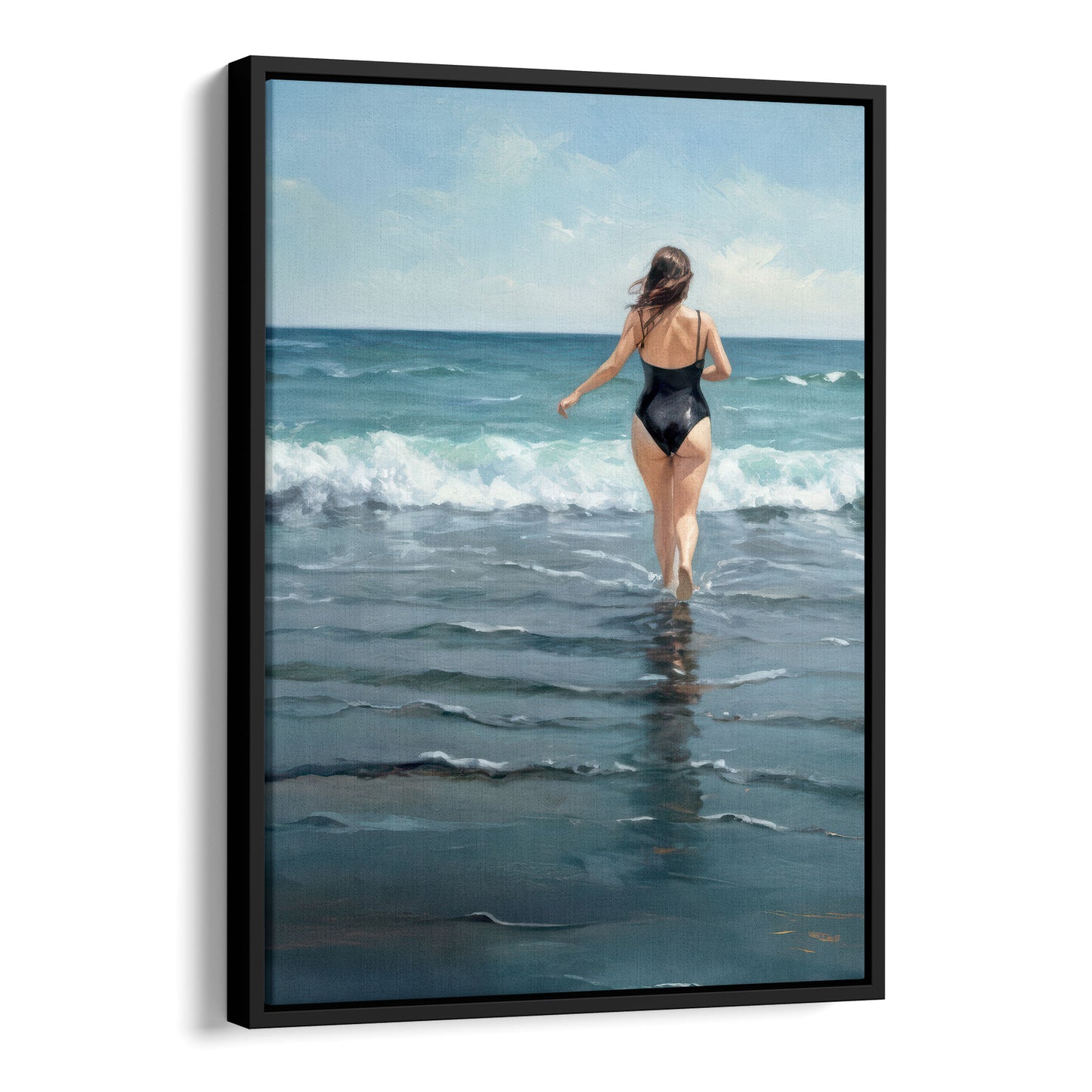 Black framed painting of a woman in a black swimsuit walking into the ocean, back turned to viewer, with waves and a partly cloudy sky.