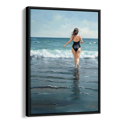 Black framed painting of a woman in a black swimsuit walking into the ocean, back turned to viewer, with waves and a partly cloudy sky.