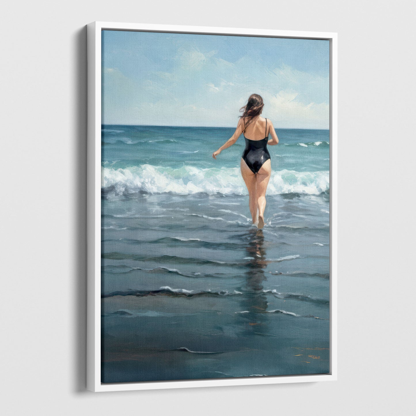 White framed painting of a woman in a black swimsuit walking into the ocean, back turned to viewer, with waves and a partly cloudy sky.