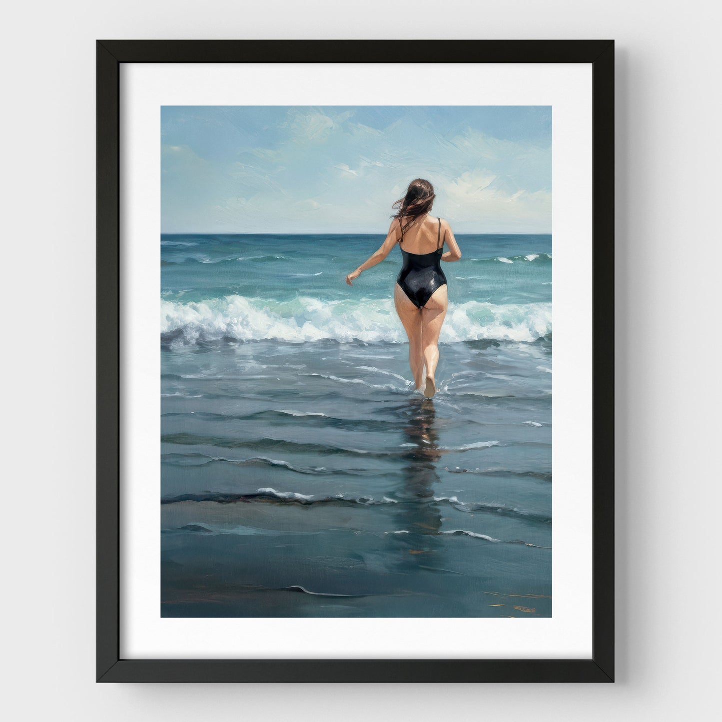 Framed painting of a woman in a black swimsuit walking into the ocean waves, with white border and a black frame against a light background.